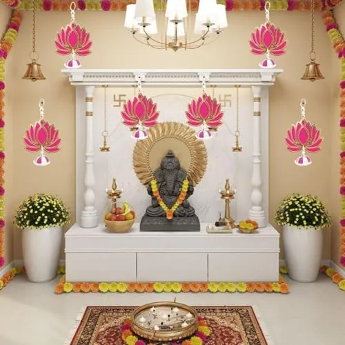 Priyashyam Traders Handmade Wall Decor Lotus with Jhumki Style Hanging for Home Decor, Diwali Decor, Wedding, Festival Decoration Pink Lotus Wall Hangings for Temple, Pooja Pack of 5 Pcs