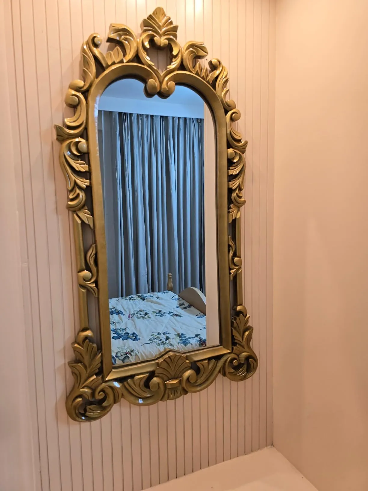 WOOD HOME DECORE Wall Hanging Wooden Mirror Frame Handcarved Royal Golden Frame Design for Living Room, Bedroom (Only Frame Without Mirror) Size 36×22×1 Inch